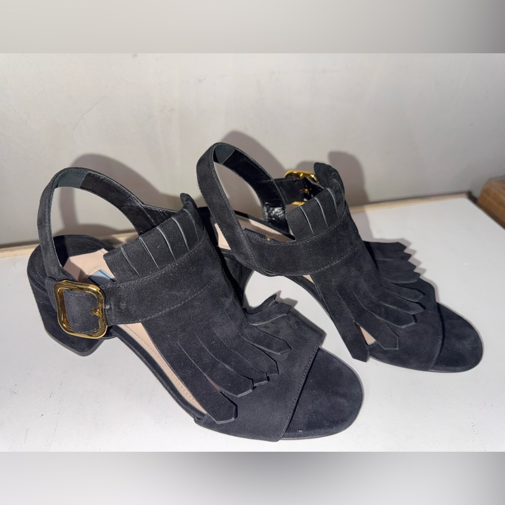 Prada Fringe Slingback Sandals Black Suede Leather Chunky Block Heels 37.5/US7.5